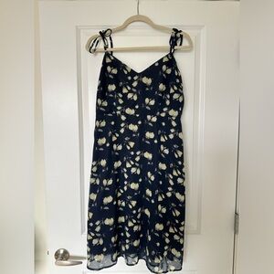 Navy blue strappy chiffon floral print dress